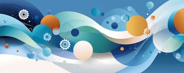Fototapeta premium Abstract blue and white waves with circles and gears create a modern background illustration