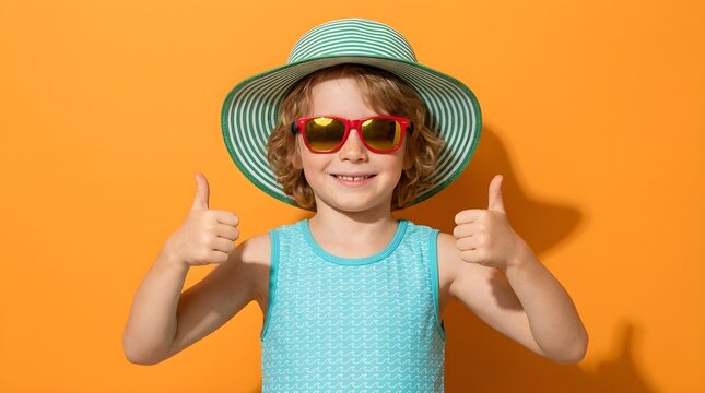 Happy young child wearing a green striped sun hat and red sunglasses giving double thumbs up gesture against a vibrant orange studio background for summer photography