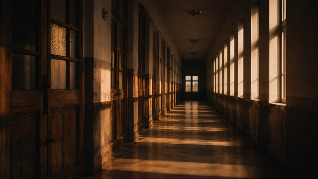Long Empty School Corridor With Warm Window Light