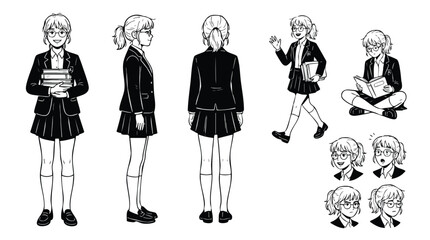 Fototapeta premium Schoolgirl Character Sheet Multiple Poses and Expressions Line Art
