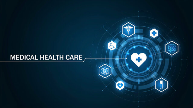Abstract medical healthcare technology background with digital interface and futuristic icons on dark blue