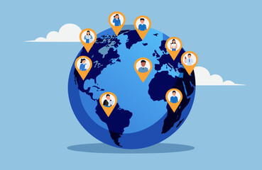 Fototapeta premium Global network of people pins on Earth during bright day with clouds and light blue sky concept
