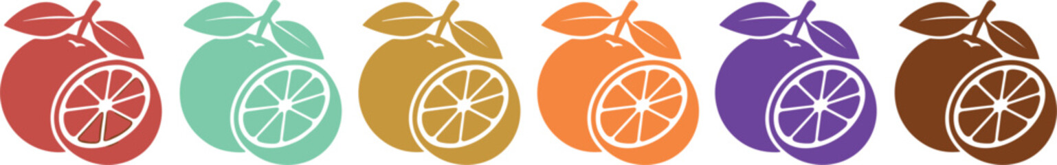 Obraz premium Minimalist Citrus Fruit Icon Set with Whole Orange and Cut Slice Vectors in Earthy Pastel Palette for Organic Branding Graphic Designs