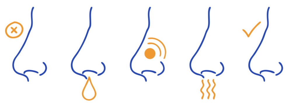 Nose icons showing symptoms like congestion drip and sneezing with a checkmark for good health