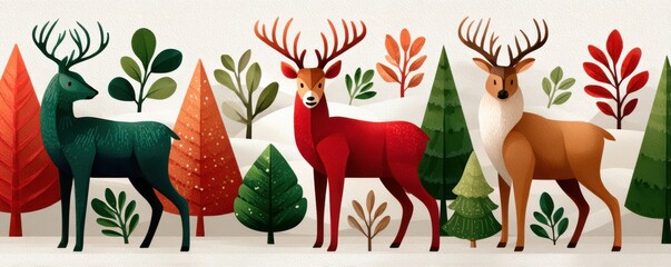Naklejka premium Colorful forest scene with three deer and stylized trees in a winter landscape