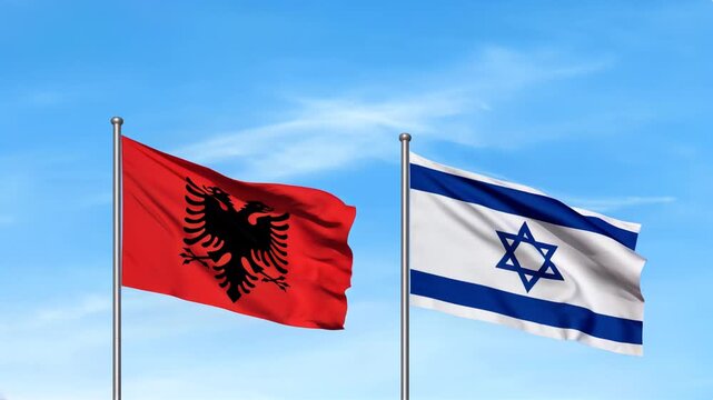 albanian and israeli flag waving in blue sky. relations albania israel