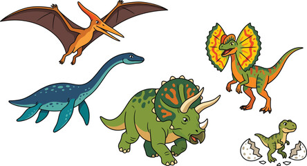 Set of cute cartoon dinosaurs including a pterodactyl, triceratops, and a hatching baby dinosaur © KhadizaAkter