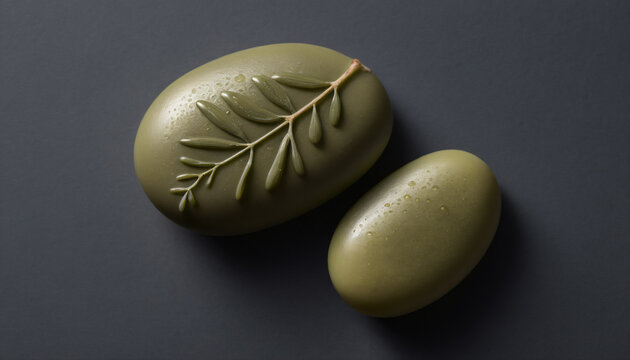 Two olive green organic soap bars with carved fern leaf pattern on matte grey background