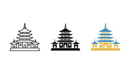 Traditional Japanese pagoda temple building icon set showing architectural silhouette and flat color variations for travel and cultural design themes depicting historic oriental landmark structures © TARU STOCKPLC