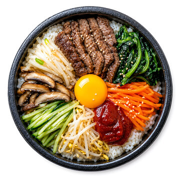 Colorful Korean bibimbap bowl with rice, vegetables, beef, egg yolk, and gochujang, top-view composition