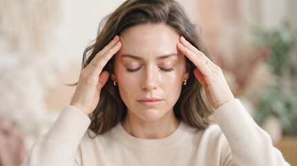 Fototapeta premium Woman Suffering from Severe Migraine Touching Temples with Eyes Closed