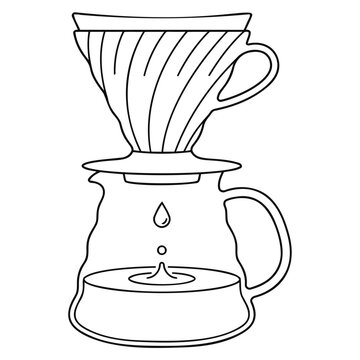 Minimalist line art illustration of a manual pour-over coffee maker and glass carafe with a drop