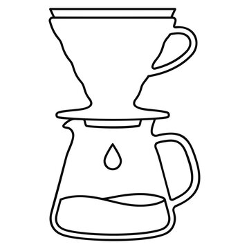 Black and white outline of a manual coffee brewer set with dripper and server for cafe menu