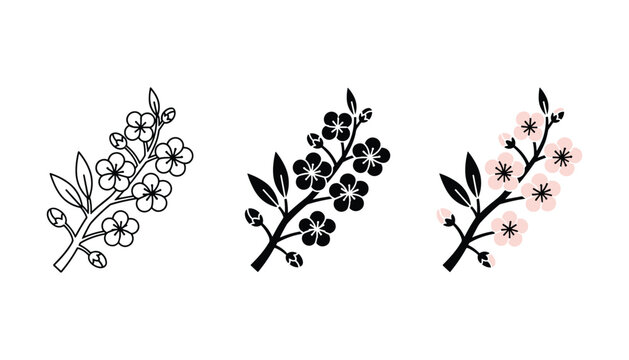Cherry blossom branch spring nature icons set featuring linear solid and flat color designs for seasonal gardening and botanical art concepts isolated on white background for professional graphics