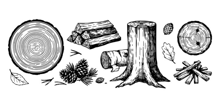 Tree Stump Engraving and Circular Wood Rings with Cut Log, Saw Cuts, Leaves and Pine Textures in Monochrome Line Art