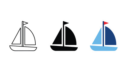 Sailboat watercraft icon set with flag on mast in outline silhouette and blue color graphic styles for nautical travel and maritime adventure themed web interface and mobile app design © TARU STOCKPLC