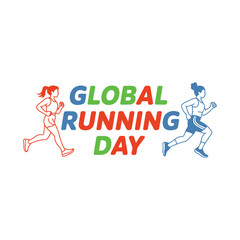 Obraz premium Global running day text with two female runners on a white background