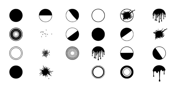 Circle Icon Grid with Varying Completion Stages, Minimal Vector Style Symbols, Progress States, and Abstract Ink Splatter Effects