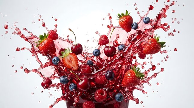Fresh mixed berries and cherries splashing in juice