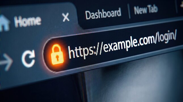Secure website login URL with glowing padlock icon, encrypted https protocol address bar, cybersecurity and data protection concept