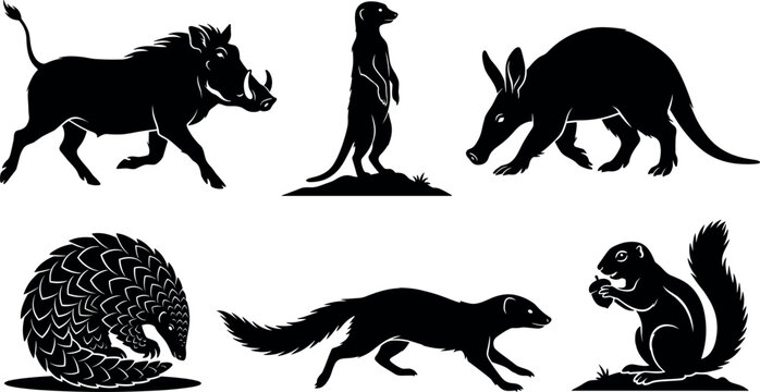 Small African Mammals Silhouette Set with Warthog Meerkat Aardvark Pangolin Mongoose and Ground Squirrel Icons for Wildlife Safari Nature Vector Graphic Designs