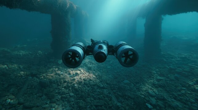 Submersible robot explore deep ocean floor reef with light beam underwater