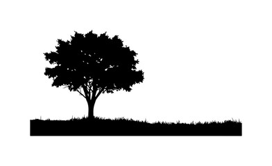 Fototapeta premium Tree silhouette, black tree icon, grass landscape, simple nature symbol