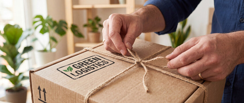 Green logistics cardboard box tied with natural twine by male hands, highlighting eco-friendly sustainable packaging solutions for modern e-commerce and responsible shipping businesses