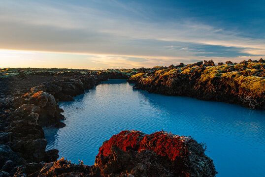 Volcanic lava formations beside the Blue Lagoon in Iceland with vivid moss colorful geothermal landscape and crystal blue water