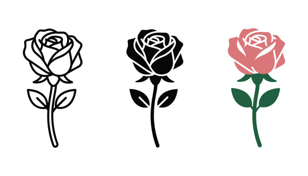 Beautiful single rose flower icon set in outline solid and soft pink color styles for romance and floral design concepts on a clean white background