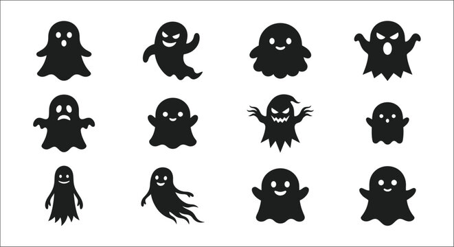 Ghost Shape Collection Black Silhouettes On White Background