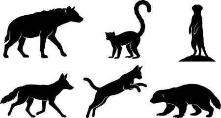 Small Mammals and Predators Silhouette Set with Hyena Lemur Meerkat Jackal Wildcat and Honey Badger Icons for Wildlife Nature Safari Graphic Designs © MdImran