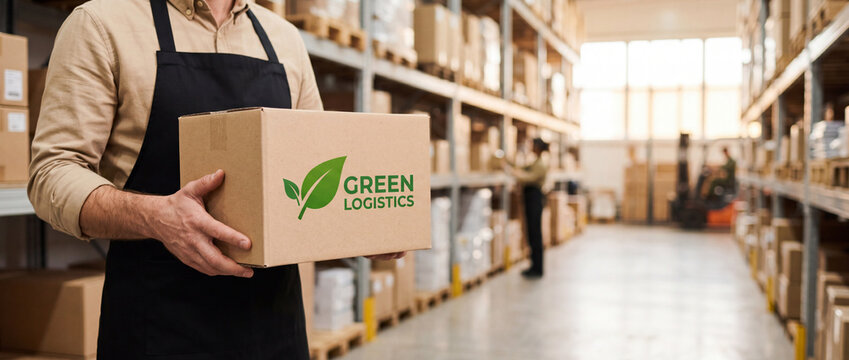 Warehouse worker holding green logistics cardboard box in a large industrial storage facility, featuring eco-friendly packaging materials for sustainable supply chain and delivery services