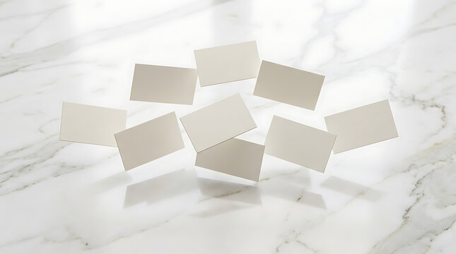 Business cards drift across a bright marble floor to offer an airy template for custom brand identity designs.