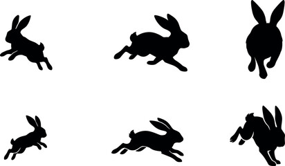 Wild Hare and Bunny Silhouette Set with Fast Running Jackrabbit Icons in Various Angles Front and Side View Sprinting Sequences for Wildlife Graphic Designs © MdImran