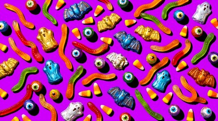 Naklejka premium Vibrant assortment of halloween themed candies and chocolates on bright purple backdrop.