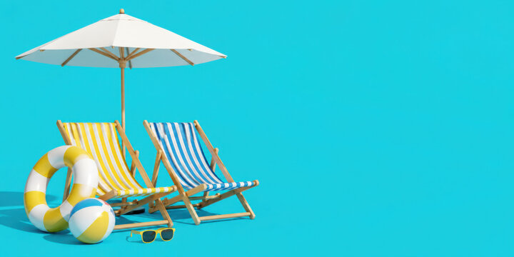 Top view Beach umbrella with chairs and beach accessories on blue background. summer vacation concept. 3d rendering