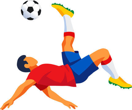 Soccer bicycle kick. Football acrobatic shot. Dynamic player action. Flat vector illustration