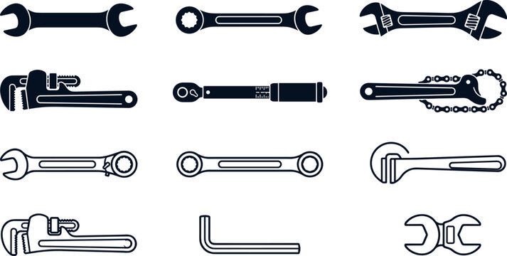 Wrench and Spanner Silhouette and Outline Icon Set with Pipe Wrenches Allen Key and Torque Tools for Mechanical Service Repair Web Layouts