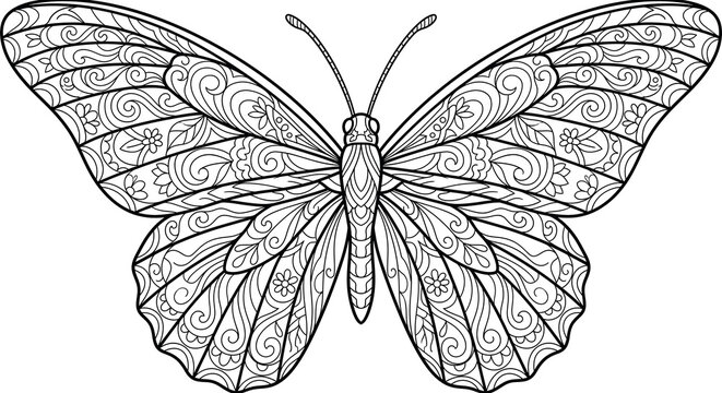 Intricate black and white line art of a butterfly with detailed ornamental patterns on its wings, ideal for coloring, isolated on transparent background.