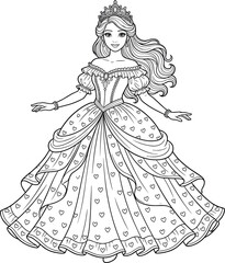 Fototapeta premium Beautiful princess wearing a tiara and elegant gown coloring page line art illustration