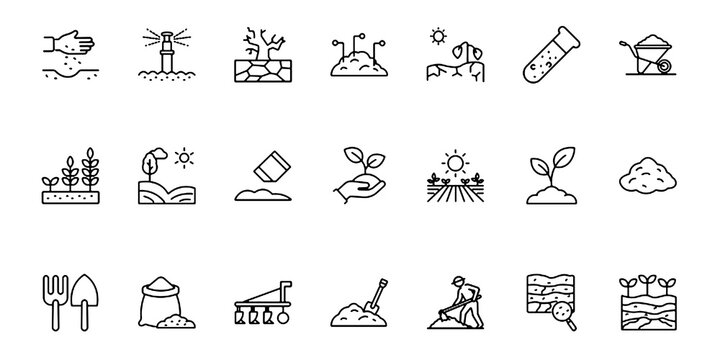 Agriculture Gardening Soil Line Icons Set Editable Vector Illustration Isolated on Transparent Background.