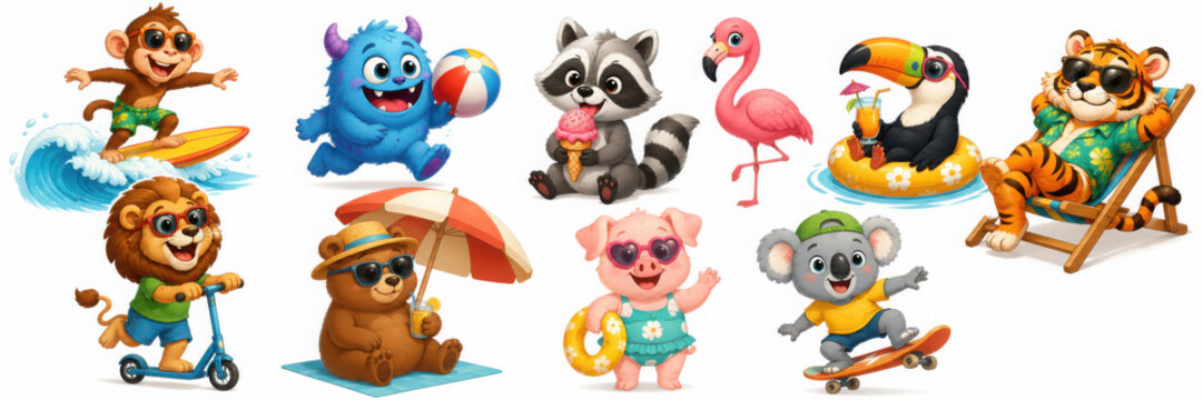 Cartoon animals summer resting. Funny cute animal in travelling beach vacation, wildlife surfing sea activity baby zoo mascot bear monkey pig flamingo, classy vector illustration