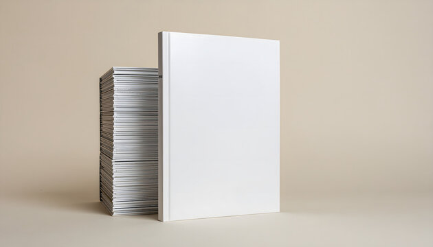 A single blank white book stands upright beside a tall stack of identical books, presented with a soft, neutral background and clean studio lighting