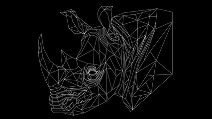 Solid black geometric shapes with thin white lines forming a powerful low-poly rhinoceros head vector illustration. © Xihy