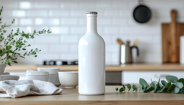 A minimalist white bottle stands on a light wood countertop in a bright, clean kitchen with ceramic tile backsplash, conveying a fresh and simple aesthetic