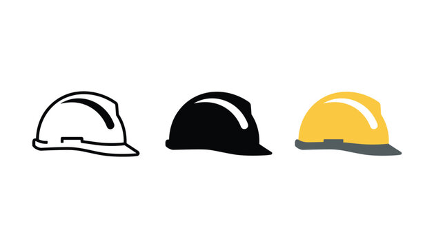 Construction hard hat safety helmet icon set in outline solid and yellow color flat vector styles for industrial worker safety and building site management graphic design visual assets