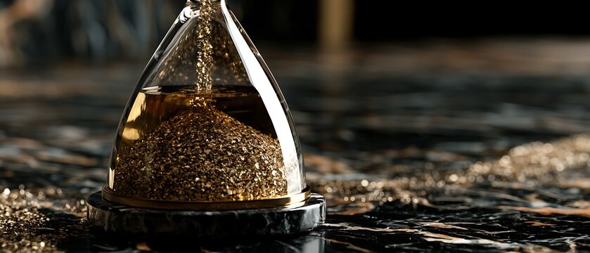 Low angle view of an hourglass bulb with golden glitter sand pouring inside on a dark textured marble surface for new year countdown concept.