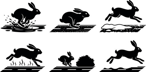 Wild Hare Silhouette Set with Jackrabbits Sprinting Through Water Puddles Jumping Snow Banks and Passing Roadside Bushes for Nature Transport Vector Graphic Designs © MdImran