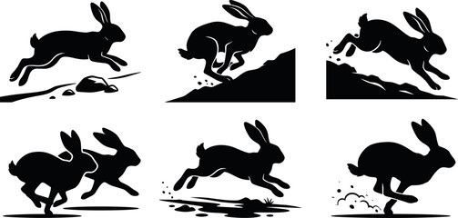 Wild Hare Silhouette Set with Running Jackrabbit Icons Jumping Over Rocks Climbing Slopes and Sprinting Through Mud For Nature Wildlife Vector Graphic Designs © MdImran